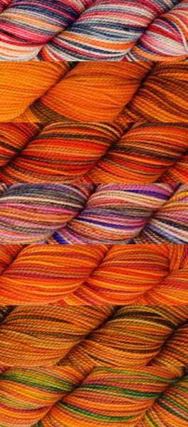 7 skeins of various hand-dyed colorways in a orange base