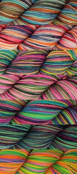 7 skeins of various hand-dyed colorways in a pink and green base