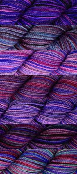 7 skeins of various hand-dyed colorways in a Dark Purple base