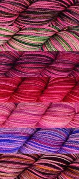7 skeins of various hand-dyed colorways in a pink base