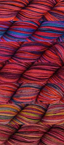 7 skeins of various hand-dyed colorways in a red base